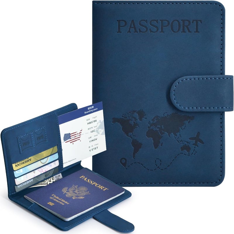 KAOBAN Passport Holder, Passport Cover with Credit Card Slot and Boarding Pass Slot Combo, Passport Wallet Case Book Travel Must Have, RFID Blocking Leather Travel Accessories, Dark Blue - Image 2